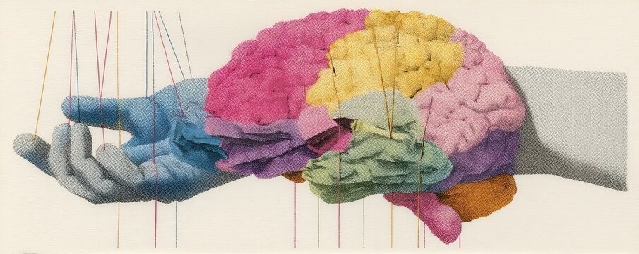 Creative depiction of brain control through strings held by a hand