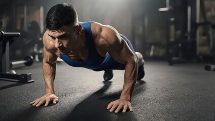 Fototapeta premium Man doing push-ups in a gym focusing on fitness and strength training.