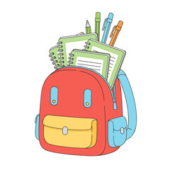 Bright cartoon backpack filled with school supplies, notebooks, pens, and pencils in playful illustration, representing back-to-school preparation and student organization