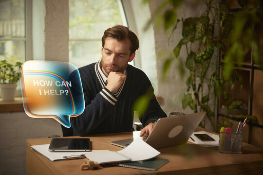 Graphic collage. Professional reading smartphone as glass-liquid speech bubble from AI assistant offers help. Concept of assistant UX, productivity tools, home-office apps and everyday task platforms.