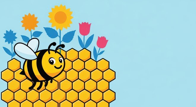 Smiling bee on honeycomb with colorful flowers and blue background