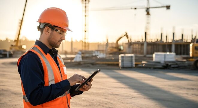 Construction foreman using tablet device for site inspection and management at building project during golden hour sunlight
