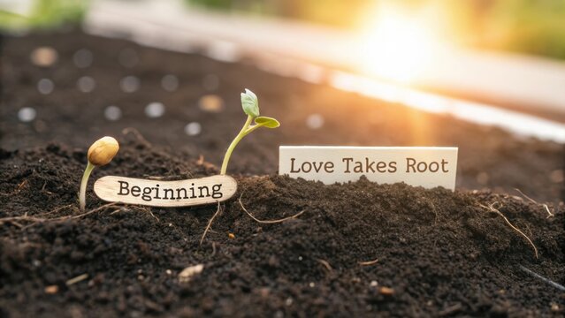A small plant sprouting from dark soil with hopeful message