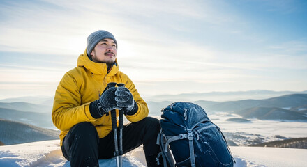 Backpacker in snowy hills resting on mountain ridge, winter hiking and outdoor adventure in cold weather