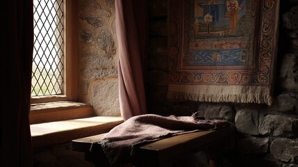 fortress. A medieval castle wall with a traditional woven tapestry. real-estate listings, architecture portfolios, designed for interior renovation comparisons for interiors, showcases craftsmanship.