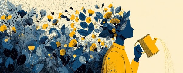 Silhouette watering flowers emerging from head symbolizing creativity and growth