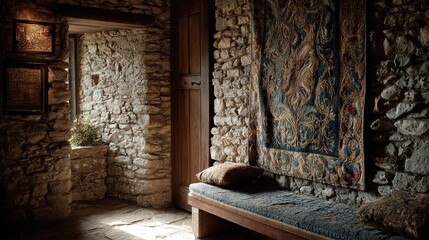 fortress. A medieval castle wall with a traditional woven tapestry. real-estate listings, architecture portfolios, designed for interior renovation comparisons for interiors, showcases craftsmanship.