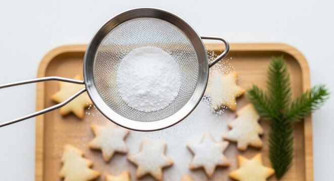 Fine-mesh sieve dusting cookies with powdered sugar on tray, festive baking and winter holiday preparation - Powered by Adobe