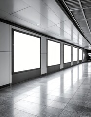 Blank posters line a sleek, gray, modern corridor