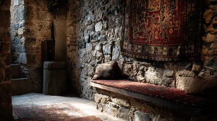 fortress. A medieval castle wall with a traditional woven tapestry. real-estate listings, architecture portfolios, designed for interior renovation comparisons for interiors, showcases craftsmanship.