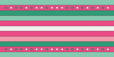 A pattern of horizontal stripes in shades of pink green and white with rows of circles on top and bottom