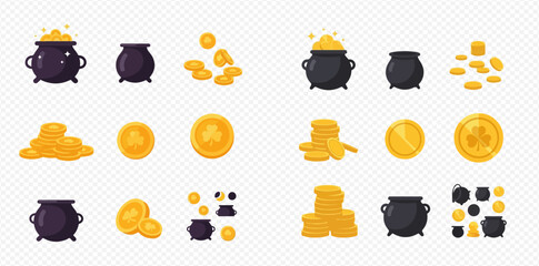 Collection of various illustrations featuring black pots and shiny gold coins, some adorned with shamrocks, symbolizing treasure and luck.