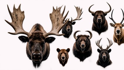 Collection of taxidermied animal heads featuring a moose bison grizzly bear dall sheep black bear deer and mountain goat displayed on a white background