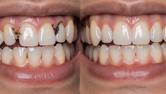 Before-and-after photograph of cosmetic bonding procedure to repair chipped teeth