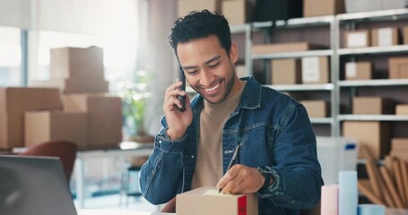 Businessman, laptop or writing with box, phone call or online logistics for delivery schedule. Man, entrepreneur or talking with mobile smartphone or boxes for distribution or shipping service