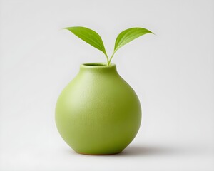 Green vase with single leaf sprouting, minimalist home decor