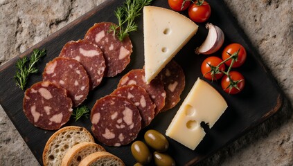 Top view of Italian salami cheese wedges artisan bread olives garlic tomatoes microgreens on a black wooden board against a rustic stone table under daylight