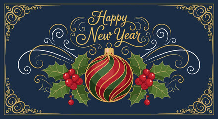 Elegant New Year greeting card design featuring ornament and holly for festive marketing and personal invitations