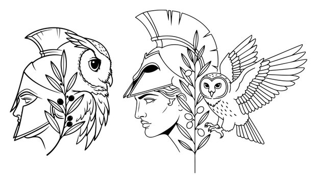Greek Goddess Athena with Owl Line Art