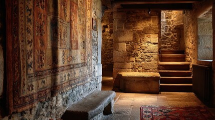 fortress. A medieval castle wall with a traditional woven tapestry. real-estate listings, architecture portfolios, designed for interior renovation comparisons for interiors, showcases craftsmanship.