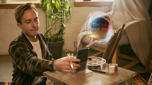 Trendy collage. Artist checking smartphone as glass-liquid speech bubble from AI assistant shows motivational message. Concept of habit apps, wellness platforms, focus tools and lifestyle content. - Powered by Adobe