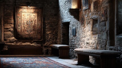 fortress. A medieval castle wall with a traditional woven tapestry. real-estate listings, architecture portfolios, designed for interior renovation comparisons for interiors, showcases craftsmanship.