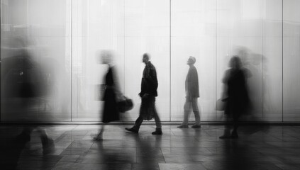 Blurred figures moving through a modern space
