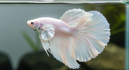Elegant White Platinum Betta Fish Displaying Its Majestic Fins Swimming Gracefully in a Captivating Underwater Aquarium Habitat with Striking Detail