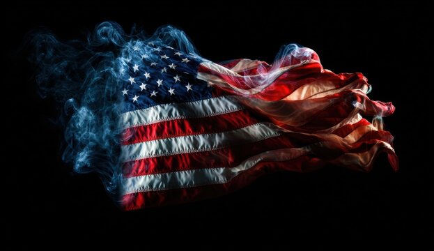 American flag billowing in smoke against a black background