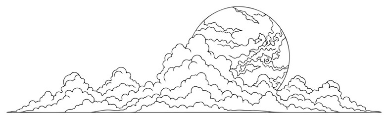 Rising Moon over Cloud Horizon Line Art Vector