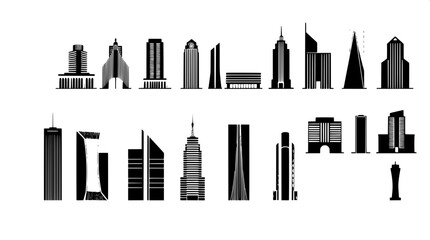 Nine sleek, modern, geometric building icons in precise black-and-white tones, arranged in a meticulous grid layout reminiscent of a professional design set, featuring a diverse array of contemporary 