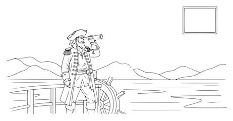 Obraz premium Pirate Captain Looking Through Spyglass on Ship Deck Outline Illustration
