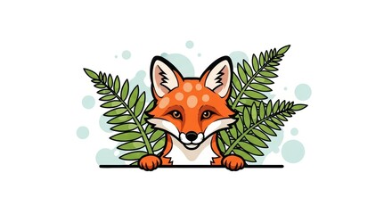 Naklejka premium Illustration of a cute cartoon fox peeking through fern leaves