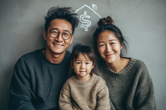 Happy Asian family sits together in a cozy home setting, smiling for a warm, everyday portrait