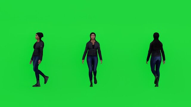 4K 3D render of a young woman walking on a green screen background, wearing casual winter clothing and boots. Ideal for chroma key VFX, lifestyle videos, advertising, training content
