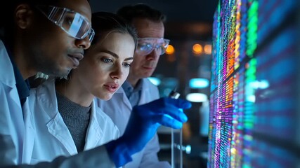 Scientists analyzing colorful data on a digital display in a high-tech laboratory setting - Powered by Adobe