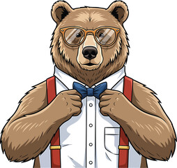 Hipster Bear Wearing Bow Tie and Suspenders with Glasses