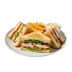 Club Sandwich Platter with Fries and Coleslaw on a White Plate Isolated on a Black Background Detailed Food Photography with Soft Lighting
