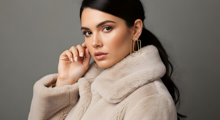 Elegant woman in luxurious faux fur coat looking confidently at camera, studio portrait