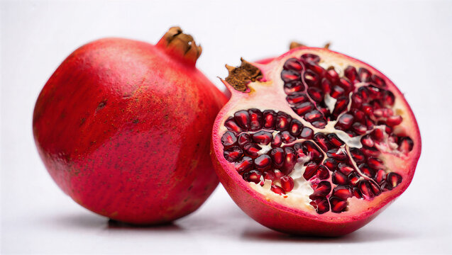 Vibrant red whole and halved pomegranate showcasing fresh arils