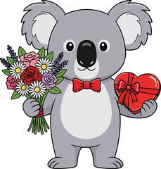 Adorable Koala Holding Flower Bouquet and Heart-Shaped Box