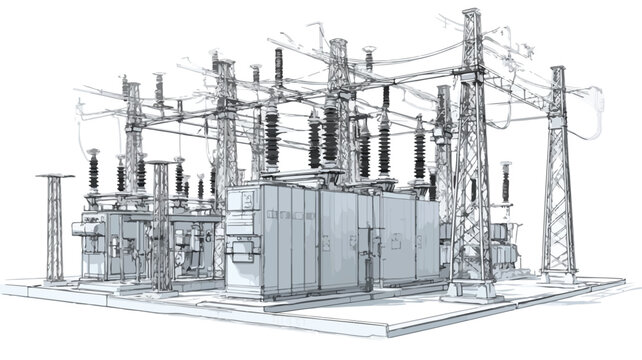 Modern Electrical Substation Vector Outline Isolated on White Background