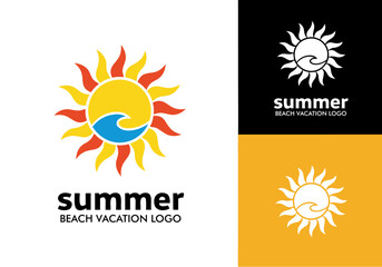 Vibrant sun and refreshing wave graphic, perfect for summer beach vacation branding and travel logos