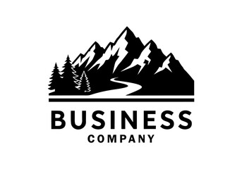 Robust business logo design featuring majestic mountains, a winding river, and serene pine trees, symbolizing growth and journey