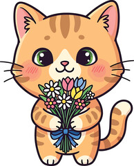 Cute Kitten Holding Spring Flower Bouquet with Ribbon