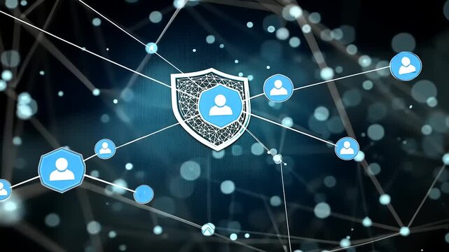 Abstract digital network with user icons and security shield, representing online privacy and connectivity - Powered by Adobe