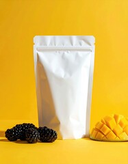 White pouch beside mango, blackberries. Yellow background