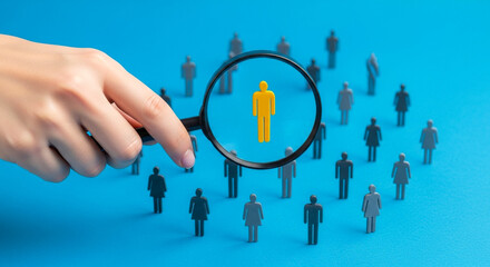 Close-up hand holding magnifying glass over highlighted figure on blue background, talent recruitment and candidate selection