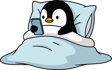 Cute Penguin in Bed Checking Smartphone at Night
