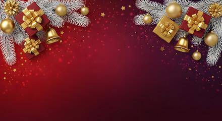 Festive holiday decorations with gifts and ornaments on a sparkling gradient background.